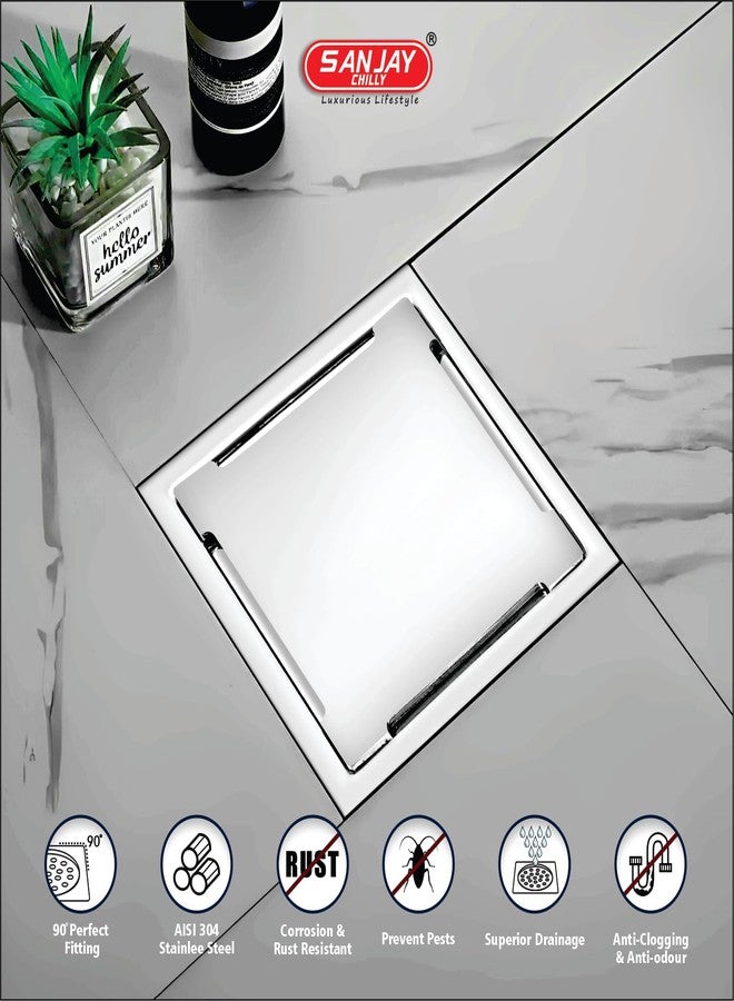 SANJAY CHILLY مصارف أرضية سانجاي تشيلي المصنوعة من الفولاذ المقاوم للصدأ للحمام، غطاء مصرف مياه الصرف الصحي من الدرجة 304، شبكة لحوض المطبخ، حوض الغسيل، حوض الاستحمام، مصيدة الشعر (خط نظيف مربع - سلسلة ذهبية - 6 × 6 بوصة) - Image 2